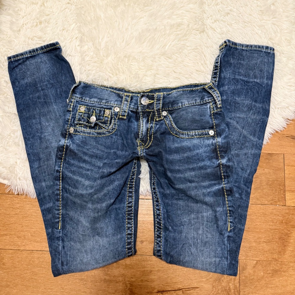 True Religion Skinny Jeans Yellow Super T Stitching Dark Wash Y2K Mens Size 28